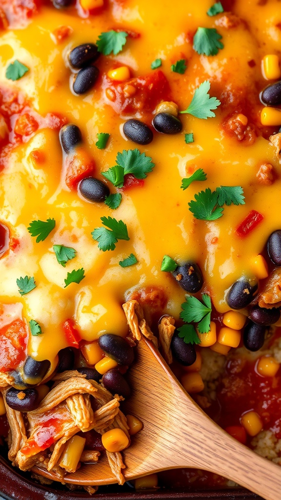 A serving of pork enchilada casserole, topped with melted cheese and cilantro, in a baking dish on a wooden table.